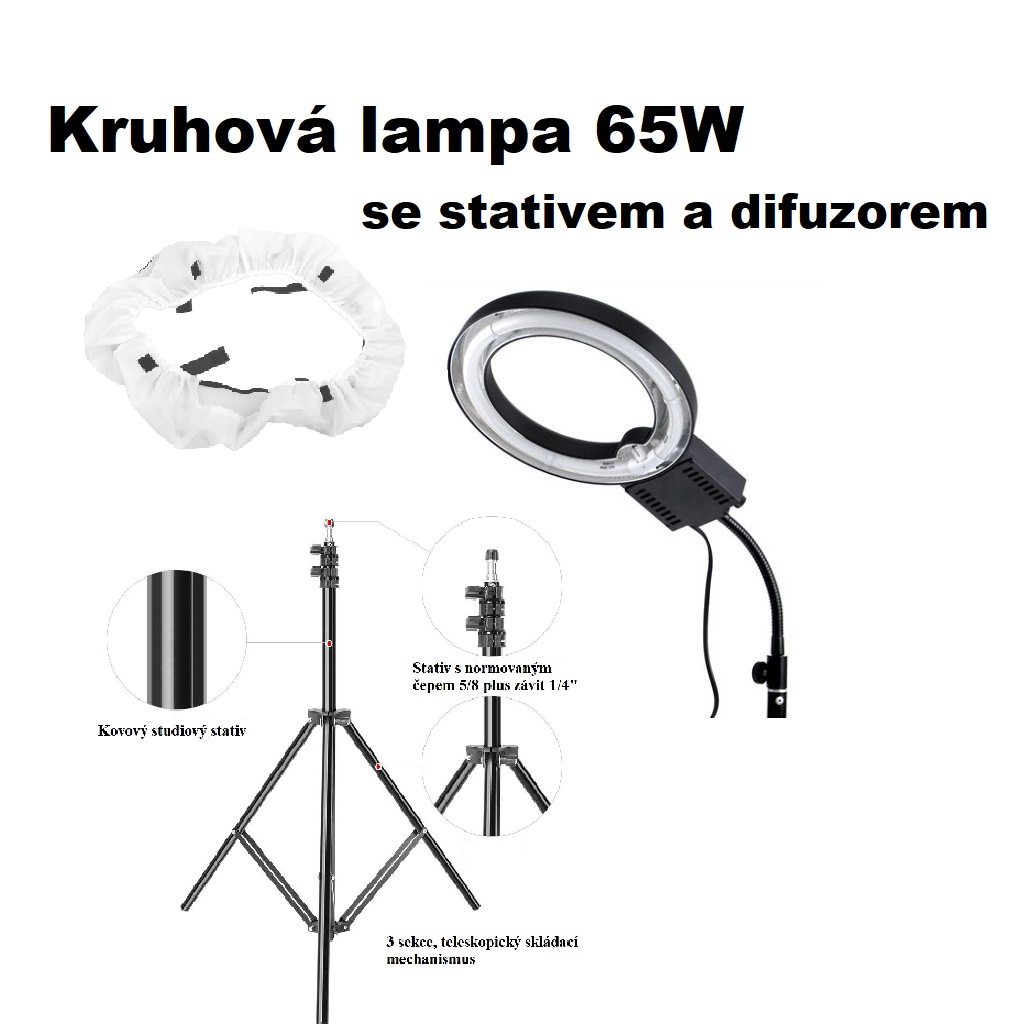 1 Sada - Profesionální prstencová lampa 65W se stativem a difuzorem