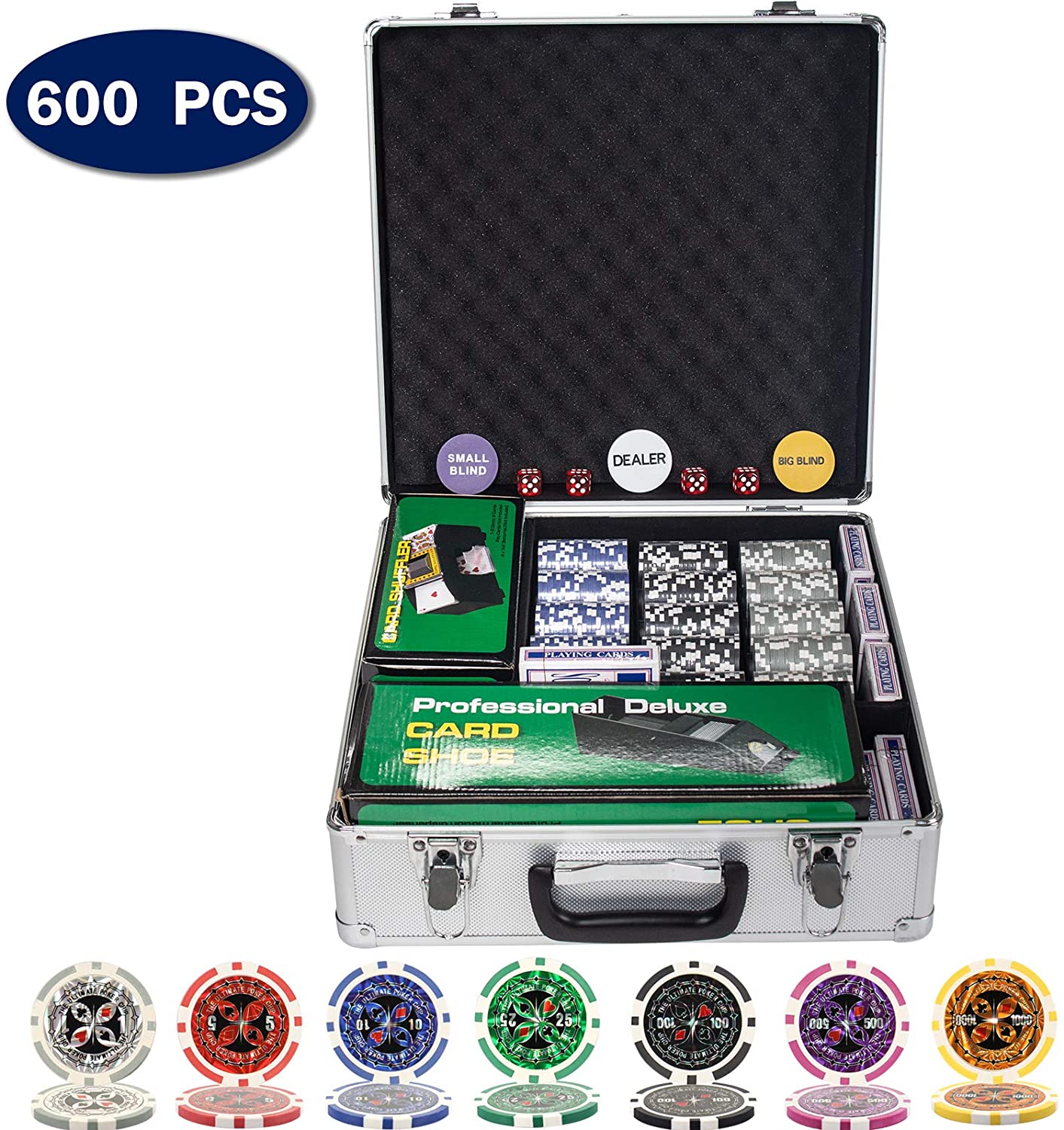 Pokerový set 600 x Laser Pokerchips 12g, míchačka, 6x karty 100% plast