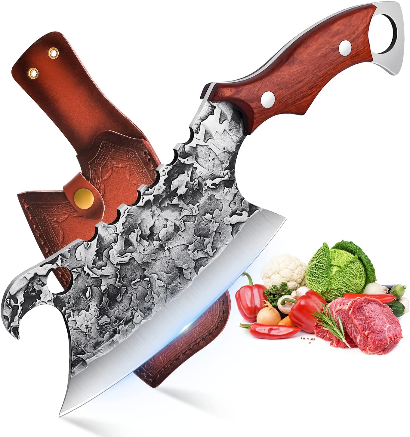 1x Sekáček, profesionální řeznický nůž s dřevěnou rukojetí, ručně kovaný