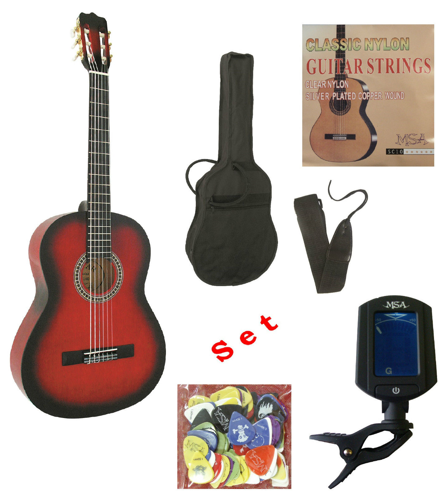 MSA 4/4 Akustická kytara s příslušenstvím pro školní výuku s ladičkou ET33