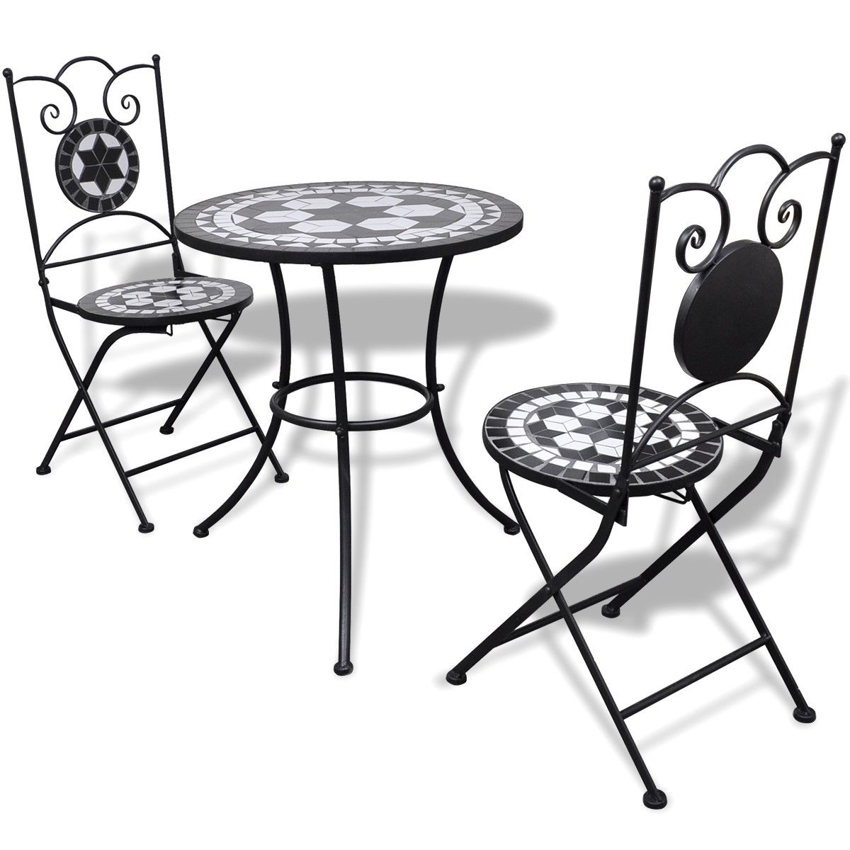 Zahradní mozaikový černo-bílý stůl, bistro stolek  + 2 židle