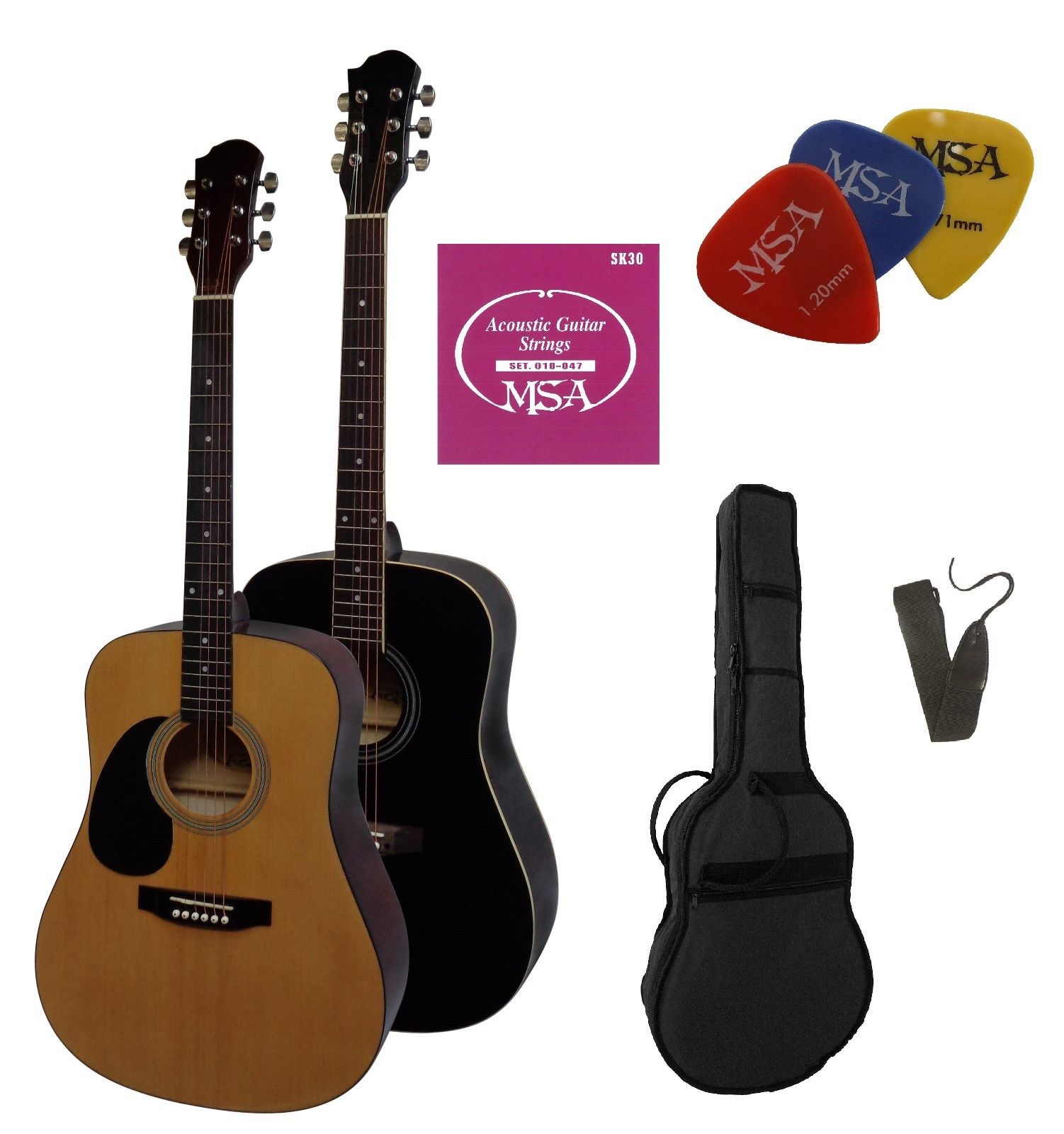 MSA 4/4 Akustická westernová levoruká kytara s příslušenstvím, 2 barvy
