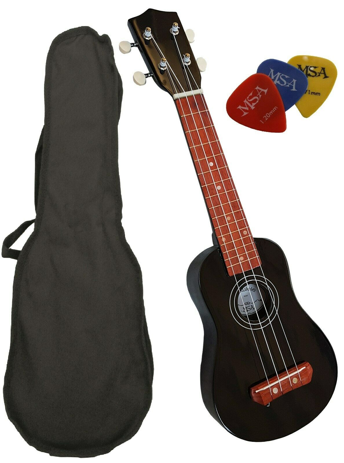 Sopránové ukulele s pouzdrem a 3 trsátka, černé