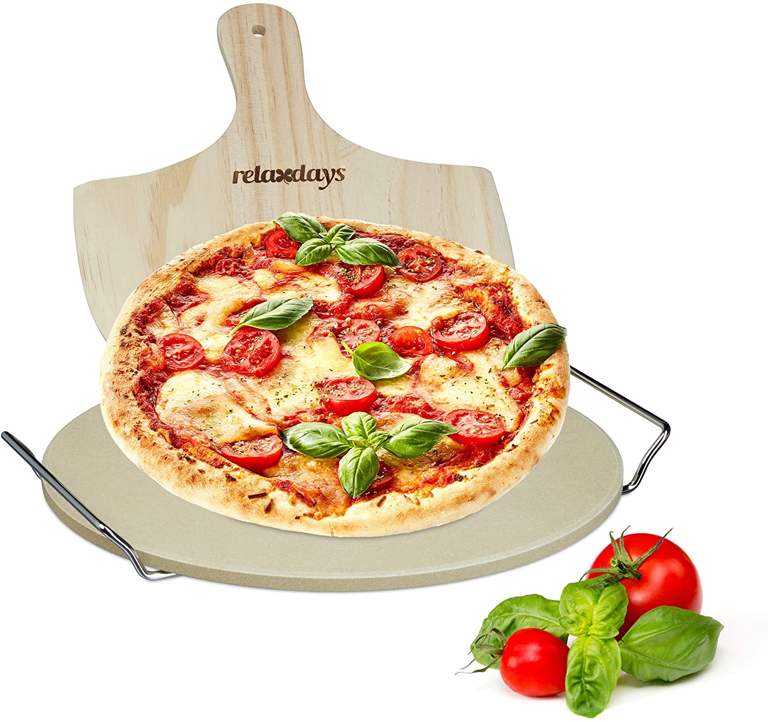 1x Sada pizza kamene, tloušťka 1cm, s kovovým držákem a lopatkou na pizzu