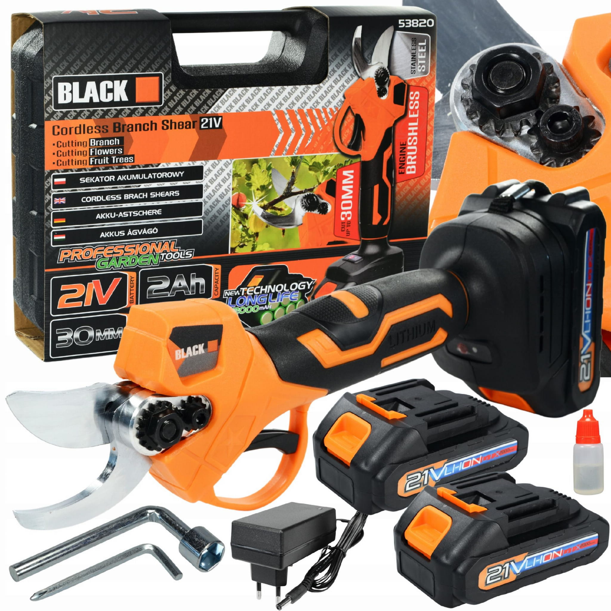 Aku zahradnické nůžky 0-30mm s kufříkem, 2x baterie 21V 800W