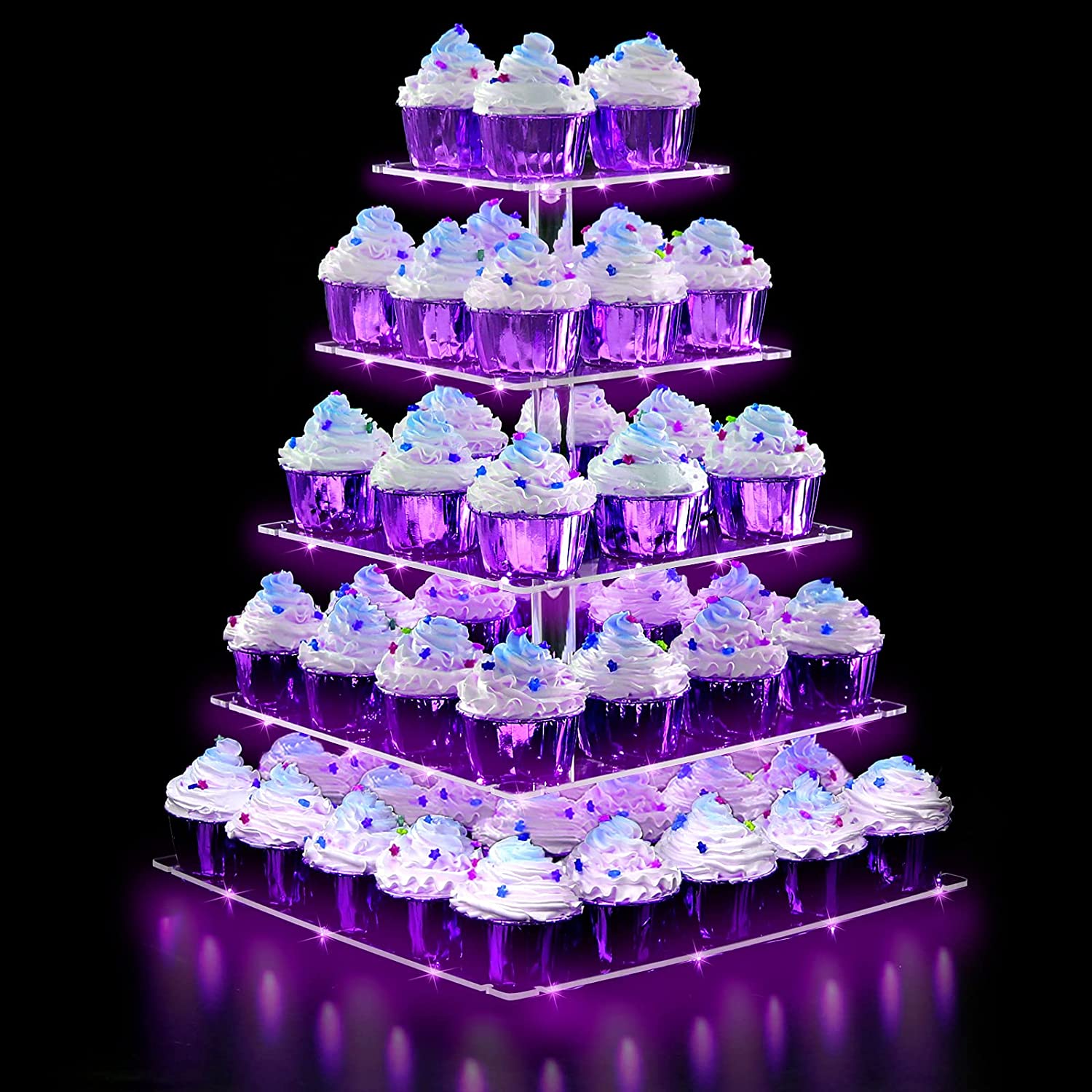 Pěti patrový stojan na dorty, cupcaky s fialovým LED osvětlením